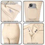 Hoof & Haute Women's Horse Riding Pants Side Zipper Pockets | Silicone Full-Seat Breeches | Equestrian Performance