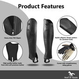 Stylish Alligator Design Premium Leather Half Chaps. Heavy Duty YKK Zipper. Well-crafted look. Free Leather Gloves Included.