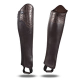 Stylish Alligator Design Premium Leather Half Chaps. Heavy Duty YKK Zipper. Well-crafted look. Free Leather Gloves Included.