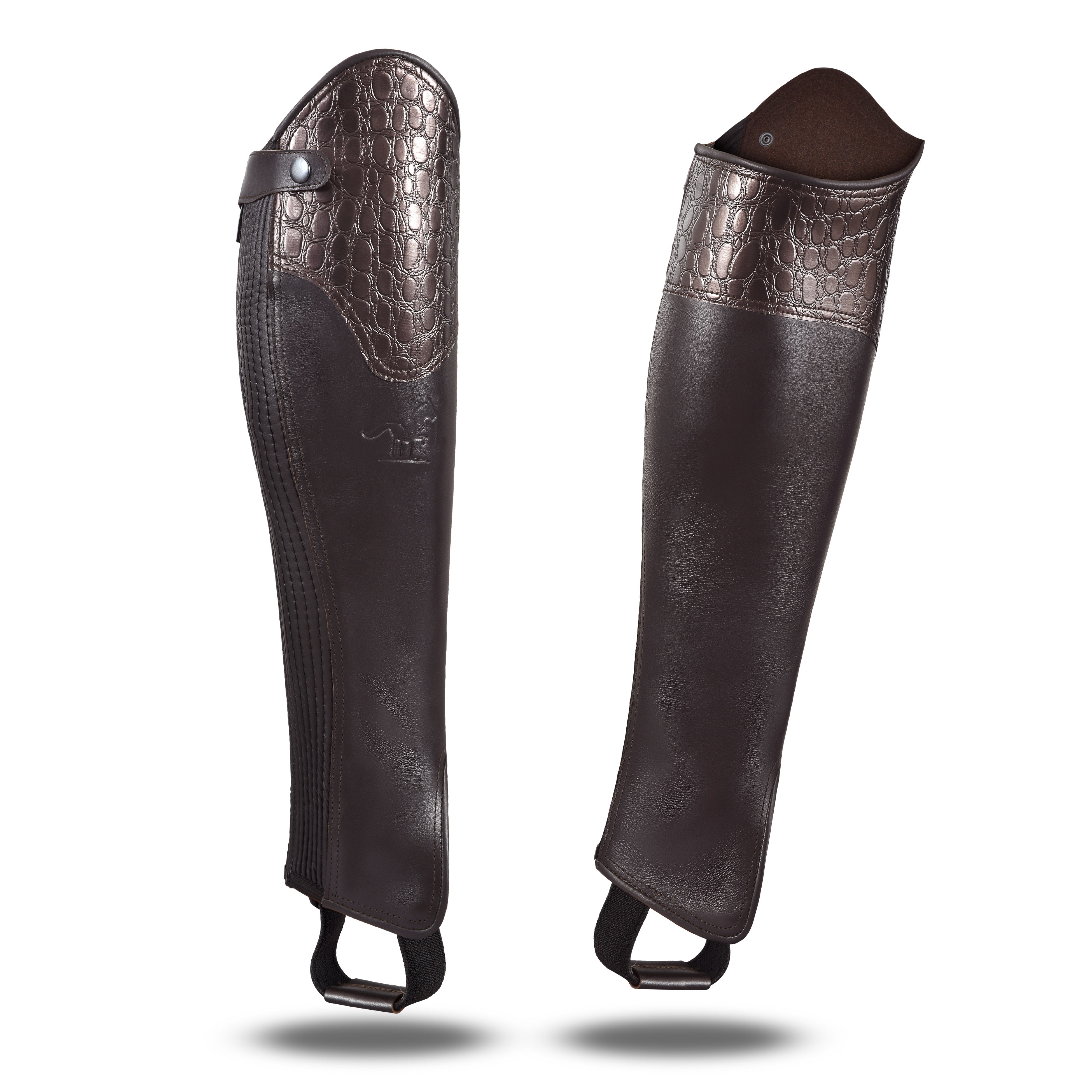 Stylish Alligator Design Premium Leather Half Chaps. Heavy Duty YKK Zipper. Well-crafted look. Free Leather Gloves Included.