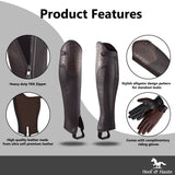 Stylish Alligator Design Premium Leather Half Chaps. Heavy Duty YKK Zipper. Well-crafted look. Free Leather Gloves Included.