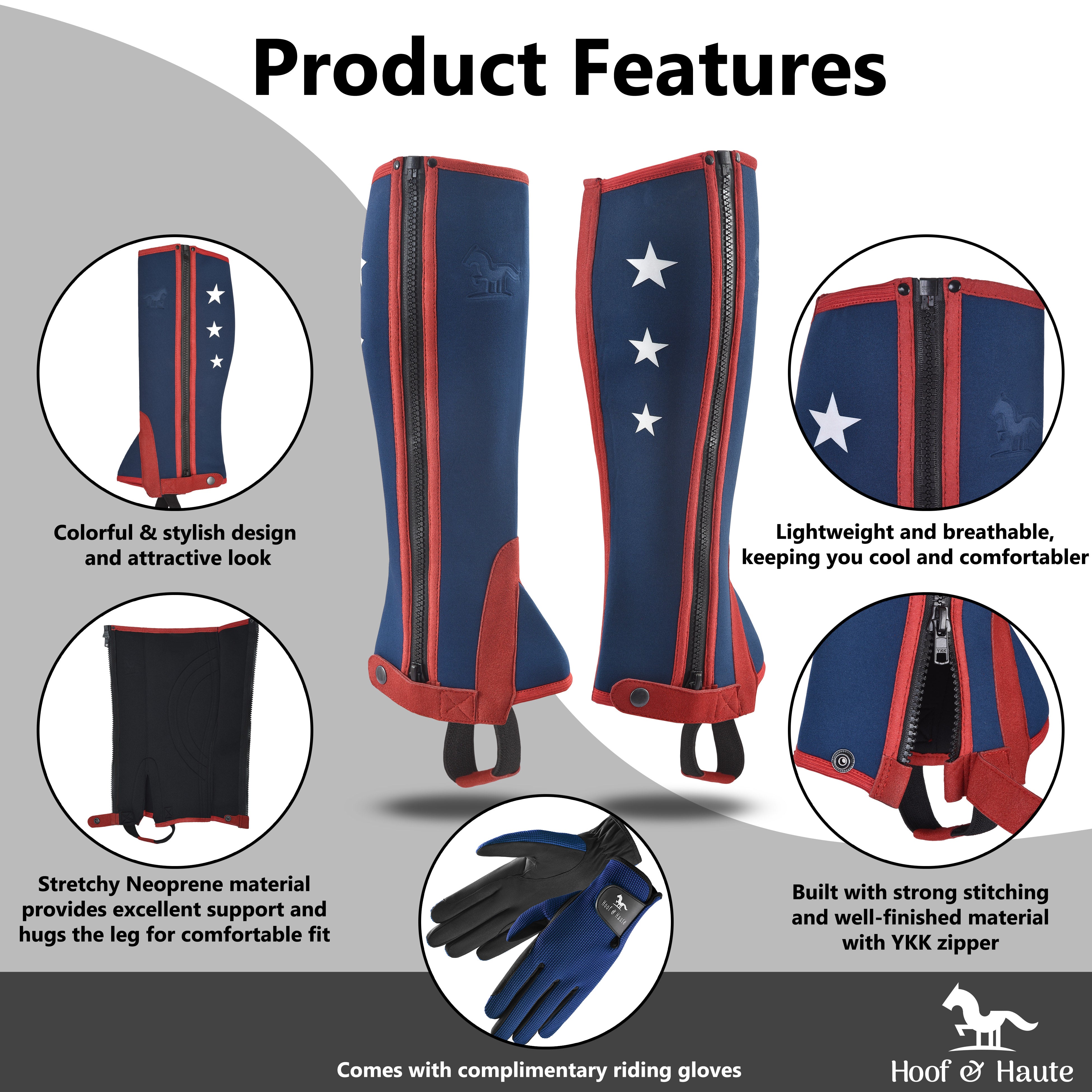 Neoprene Equestrian Half Chaps. Colorful and Stylish. Lightweight and Breathable. YKK zipper. Free Gloves Included!